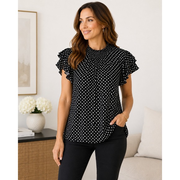 Adrianna Papell Tops - Adrianna Papell Polka Dot Flutter Sleeve Blouse Black White Ruffle Neck NWT L